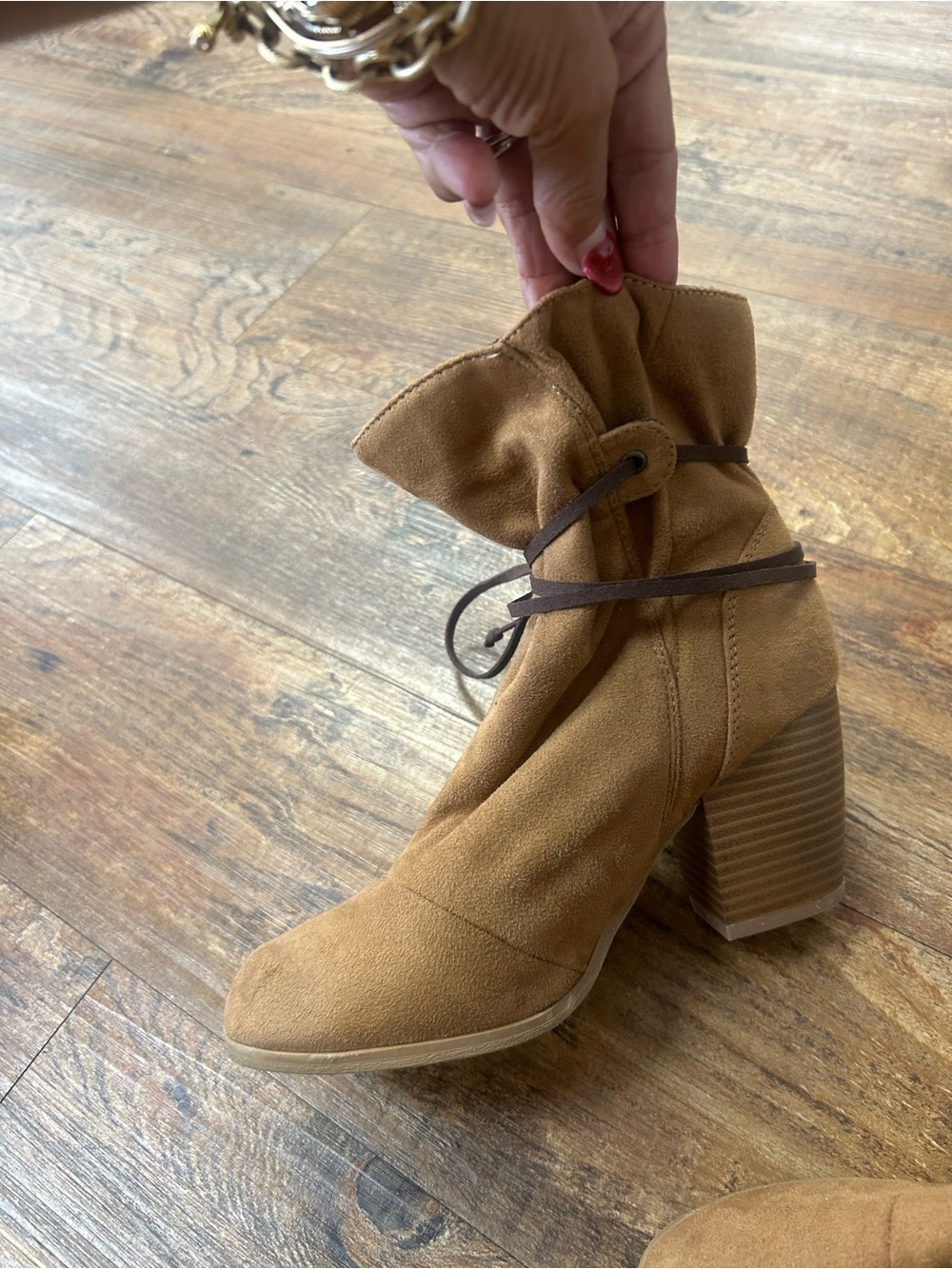 Qupid Tan Suede Wrap-Top Block Heel Ankle Boot